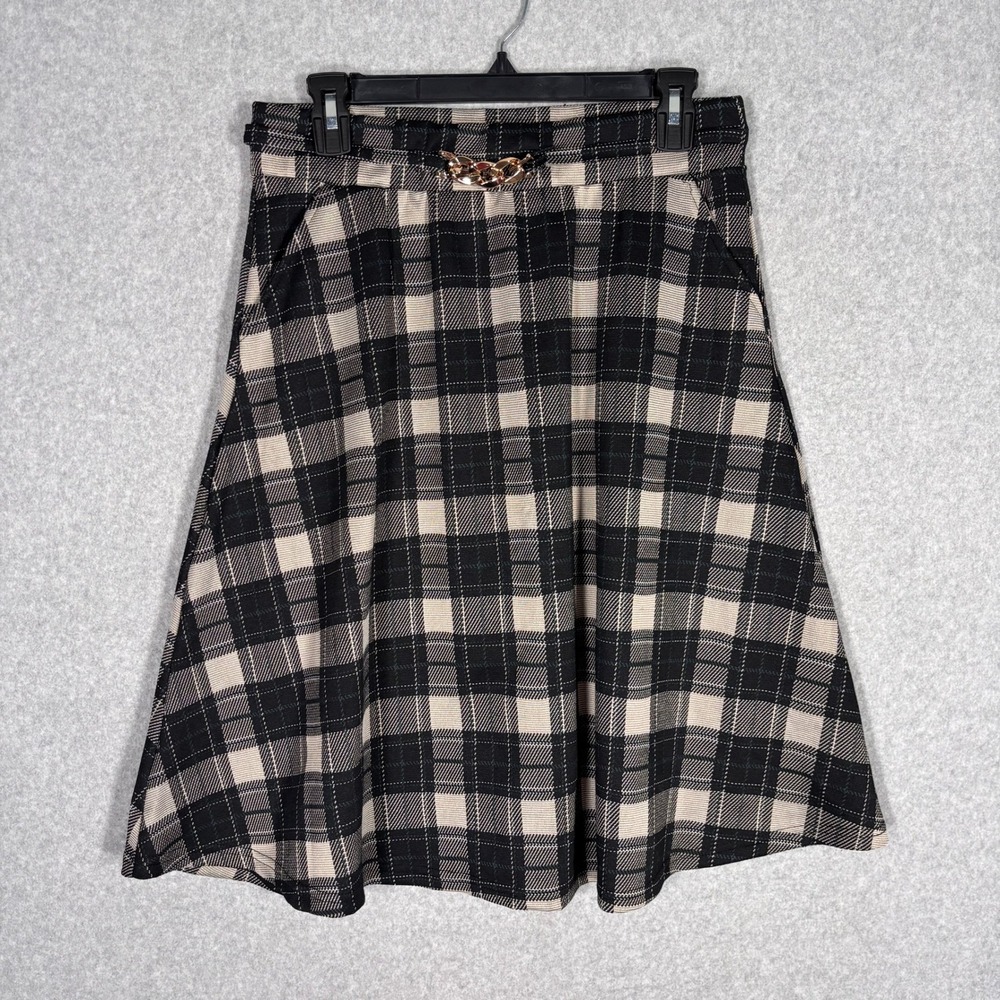Black Tan Plaid Skirt Large Gold Chain Detail Pockets Skater Flare Circle Retro
